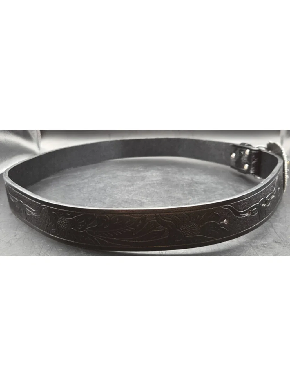 Western Leather Belt Mens 42 Black Floral Engraved Longhorn Buckle 1.25in